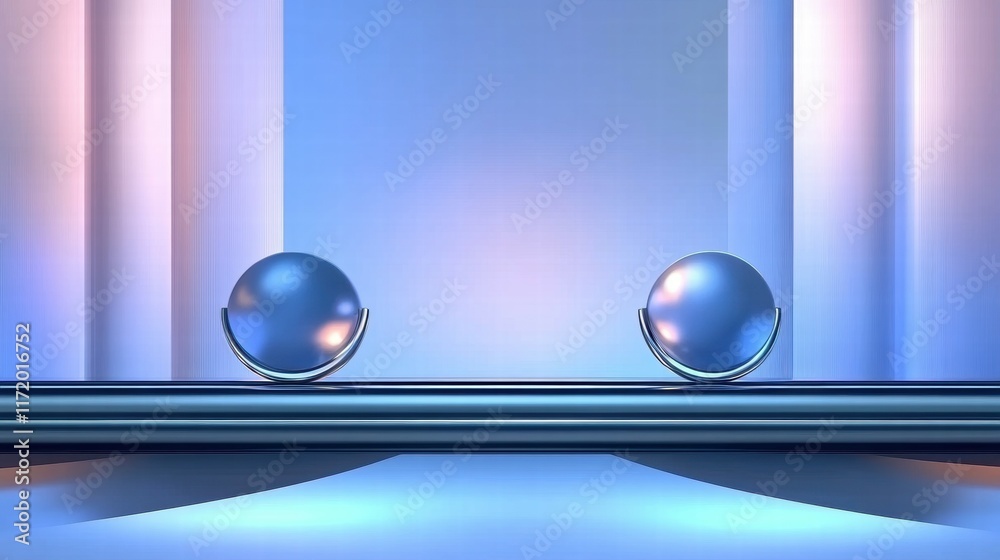 Poster A minimalist design featuring two reflective spheres on a sleek surface with a gradient background.
