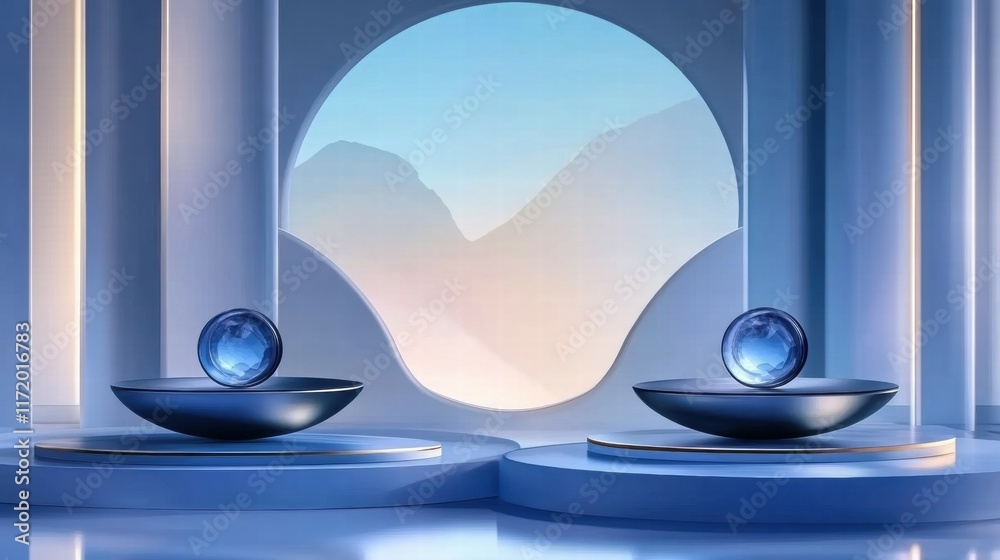 Poster A serene, modern display with two spherical objects on elegant bases against a soft backdrop.
