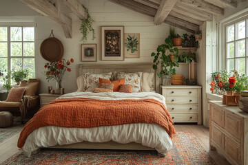 Rustic Bedroom Decor Featuring a Cozy Bed and Plants