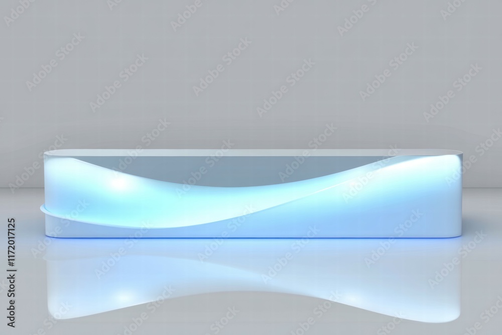 Poster a sleek, modern reception desk with illuminated curves and a glossy finish.