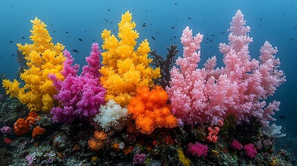 Obraz premium Vibrant coral reef showcasing diverse colors and marine life in underwater scene.