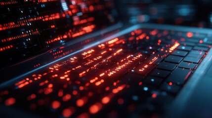 Artificial intelligence innovation, close-up of digital code on a laptop, futuristic interface