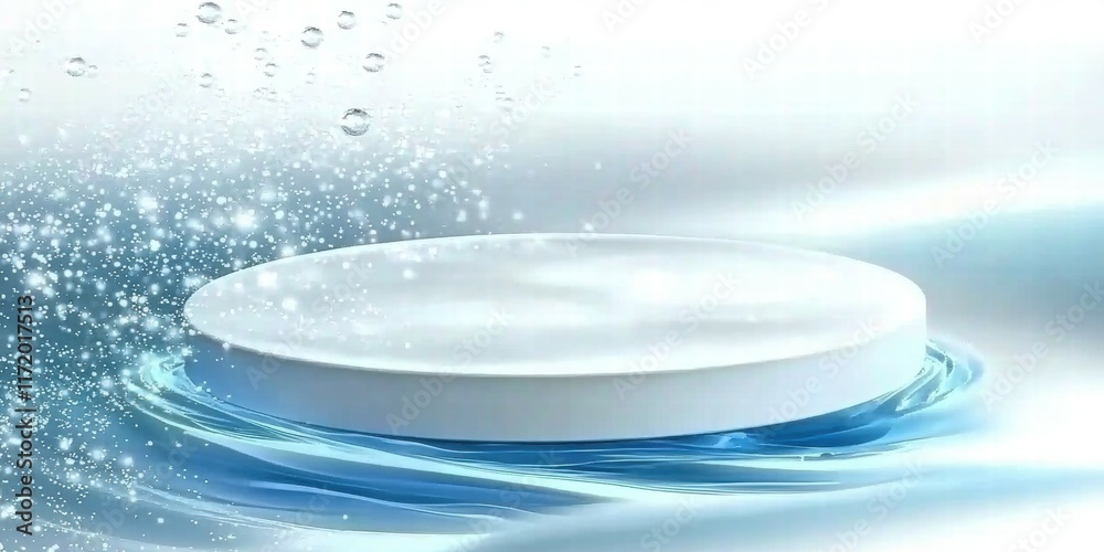 Poster a sleek, circular object resting on water, surrounded by sparkling droplets.