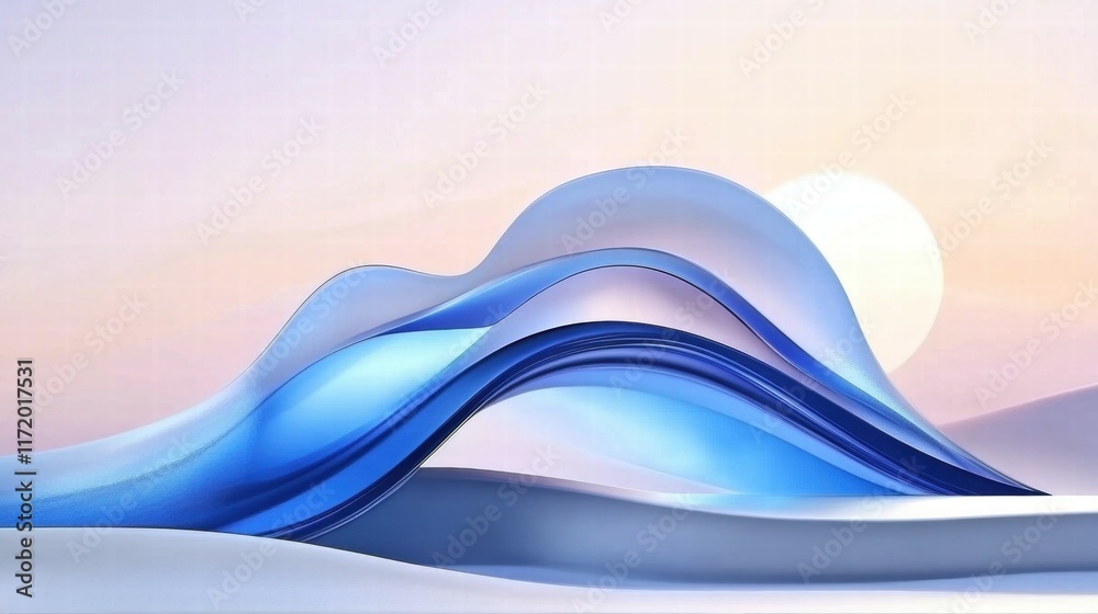 Poster abstract waves in blue and white against a soft background, evoking tranquility and motion.