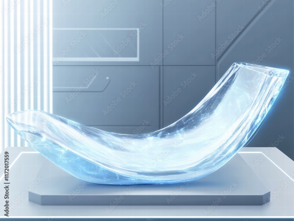 Poster a translucent, curved object resembling ice, displayed in a modern, minimalistic environment.