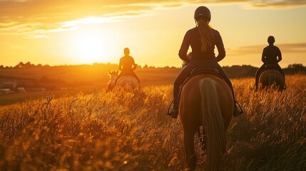 Riders on Horses at Sunset in Golden Fields