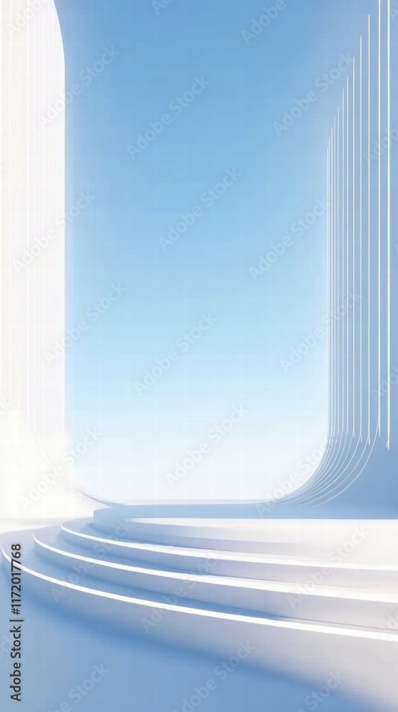 Poster a minimalist architectural space with soft curves and a clear blue sky, evoking tranquility.