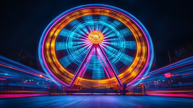 Vibrant Ferris wheel at night with light trails. - Powered by Adobe