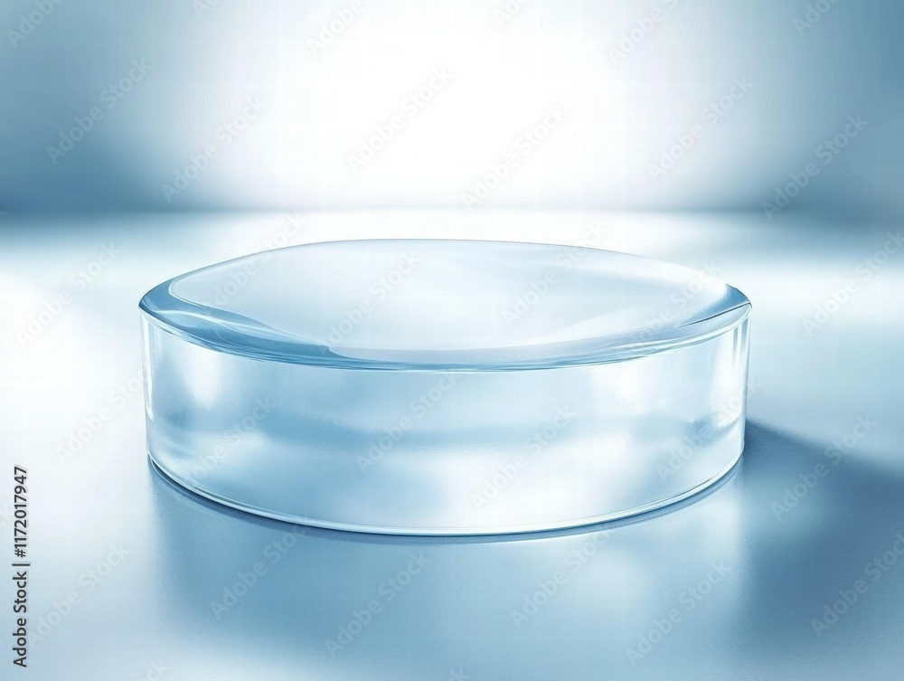 Aufkleber a smooth, transparent disc with a subtle curvature, illuminated against a soft background.