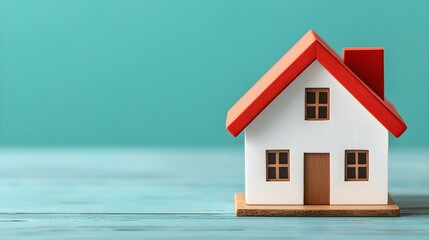 Small colorful house model with a red roof on a light blue wooden surface, representing home and real estate concepts