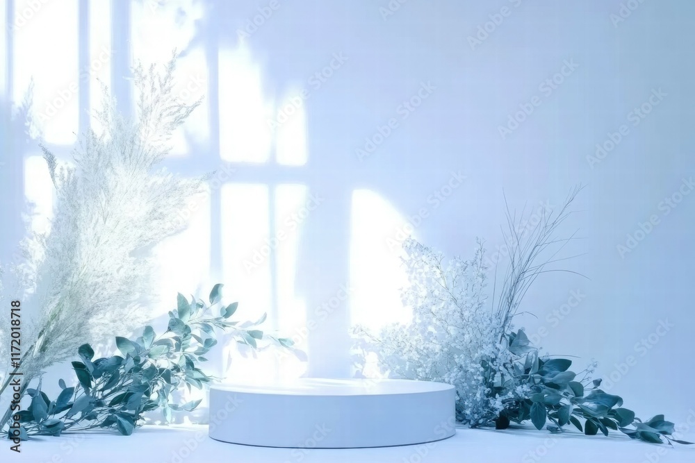 Poster A minimalist display setup featuring a circular platform and decorative foliage.