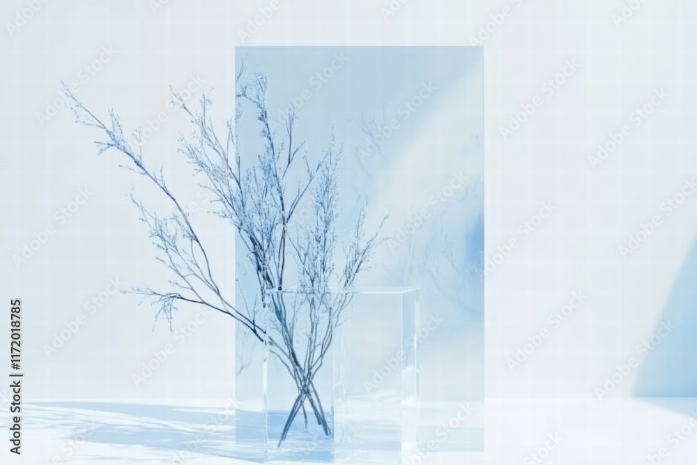 Poster a minimalist arrangement featuring delicate branches behind a translucent panel.