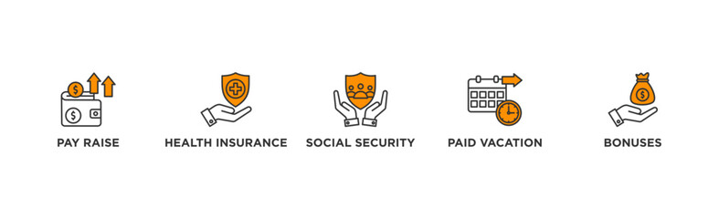 Employee benefits banner web icon vector illustration concept with icon of pay raise, health insurance, social security, paid vacation and bonuses