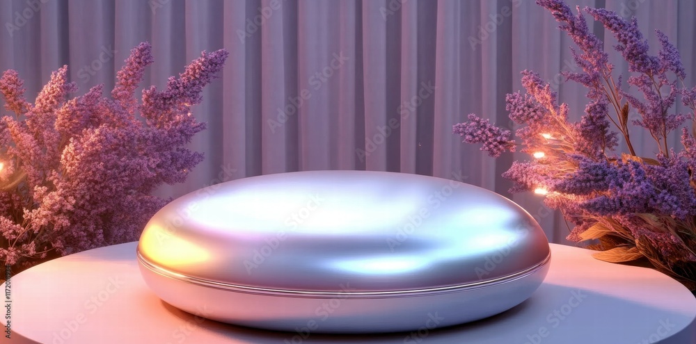 Poster a sleek, reflective object on a table surrounded by lavender flowers and soft lighting.