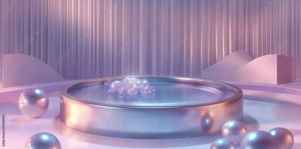 Poster A serene, modern setting featuring a circular reflective pool surrounded by soft shapes and spheres.