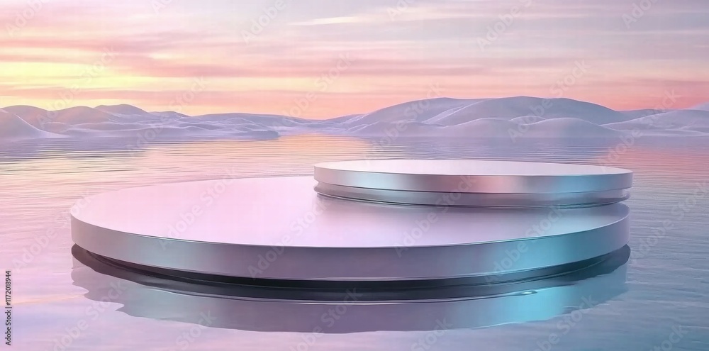 Poster a serene digital landscape featuring circular platforms floating on water with a pastel sky.