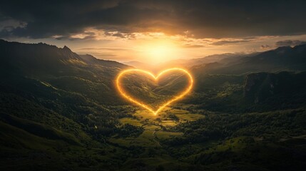 Fototapeta premium A glowing rainbow forming a heart over a serene valley