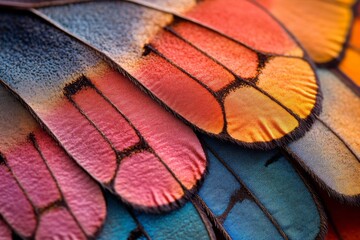 Close-up of a butterfly wing with glowing colorful patterns