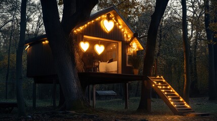 Fototapeta premium A glowing treehouse decorated with heart-shaped lights