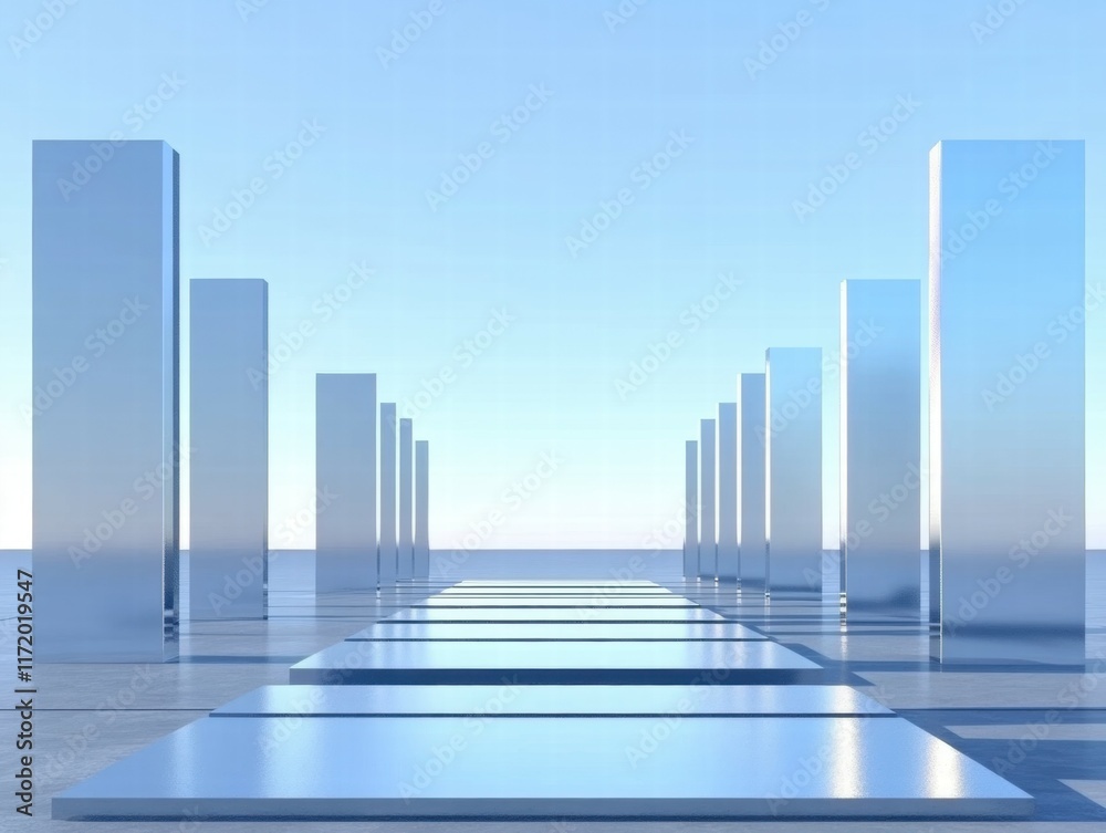 Poster a serene pathway lined with reflective pillars under a clear blue sky.