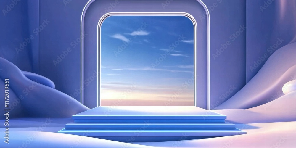 Poster a serene, abstract space with a portal opening to a tranquil sky.