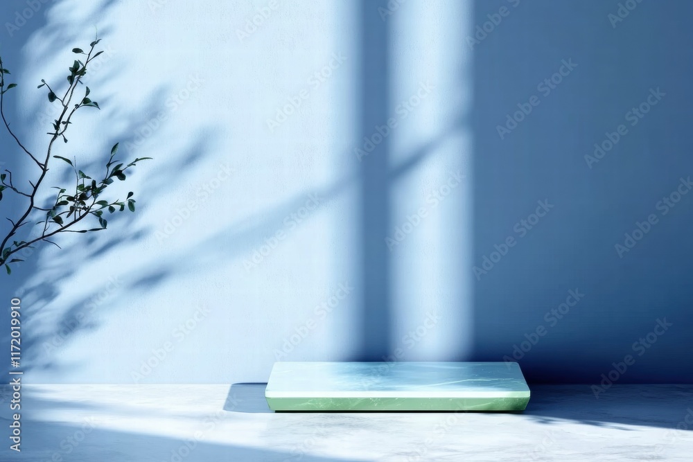 Aufkleber A minimalist scene featuring a green object on a surface with soft shadows and a plant.