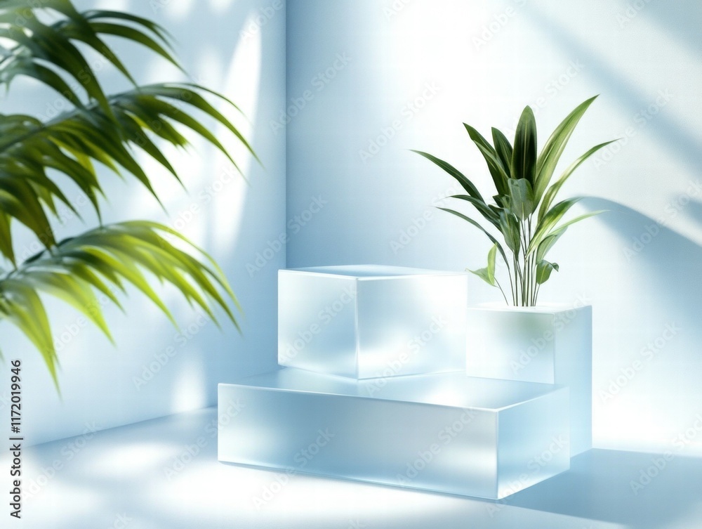 Poster a serene arrangement of translucent blocks and a potted plant in a softly lit space.
