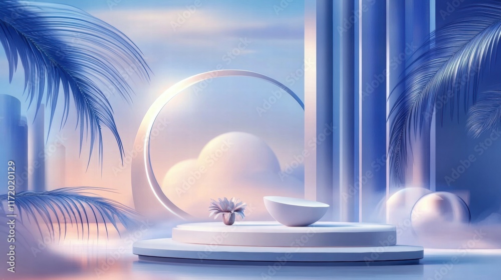 Poster a serene, stylized environment with soft colors, featuring abstract shapes and nature elements.