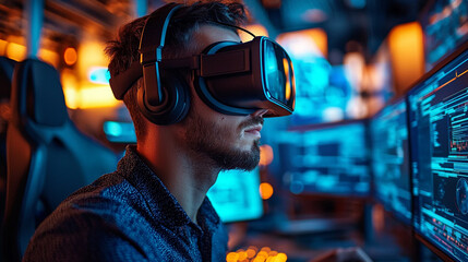 Man wearing VR headset, coding on multiple monitors in a dark room.