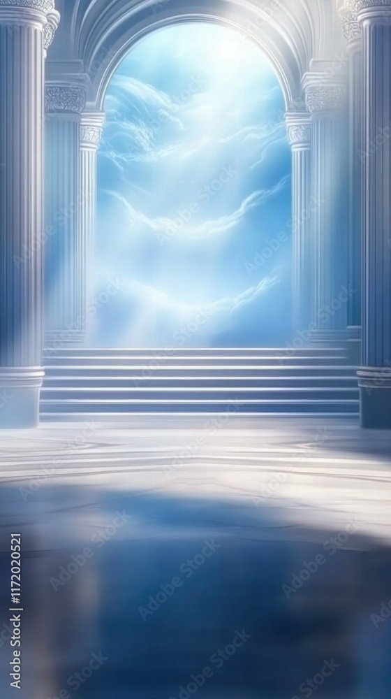 Poster A serene architectural space with ethereal lighting and steps leading to a cloudy sky.