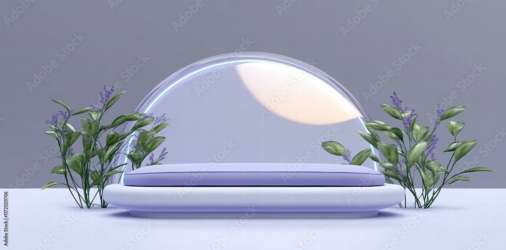 Aufkleber a minimalist design featuring a transparent dome over a cushion with surrounding plants.