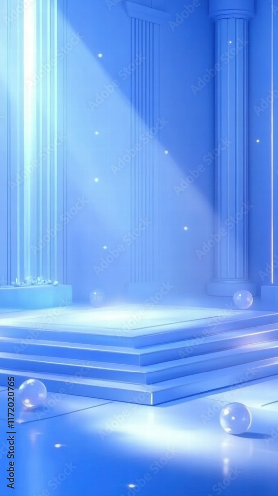 Poster A serene blue stage with columns and floating orbs, creating a tranquil atmosphere.
