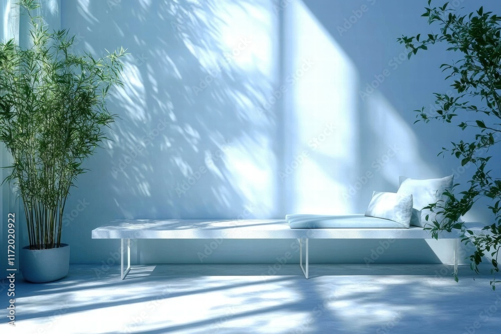 Poster a serene space featuring a minimalist bench and lush plants, creating a calm atmosphere.