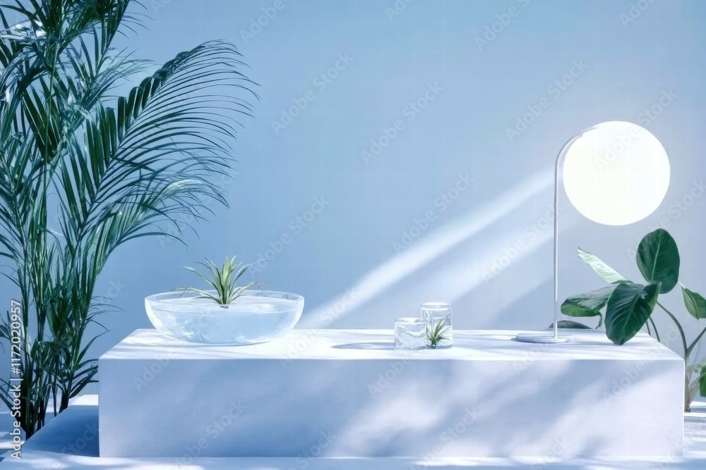 Poster a serene indoor space featuring a minimalist design with plants and soft lighting.
