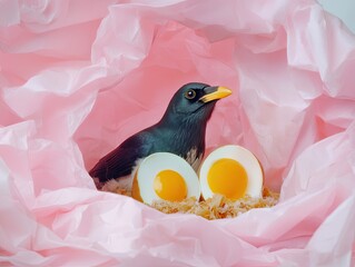 Naklejka premium A bird sits among two halved eggs on pink crumpled paper, creating a whimsical scene.
