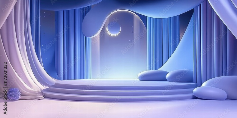 Poster a serene, abstract stage design with soft curves, drapes, and a celestial backdrop.