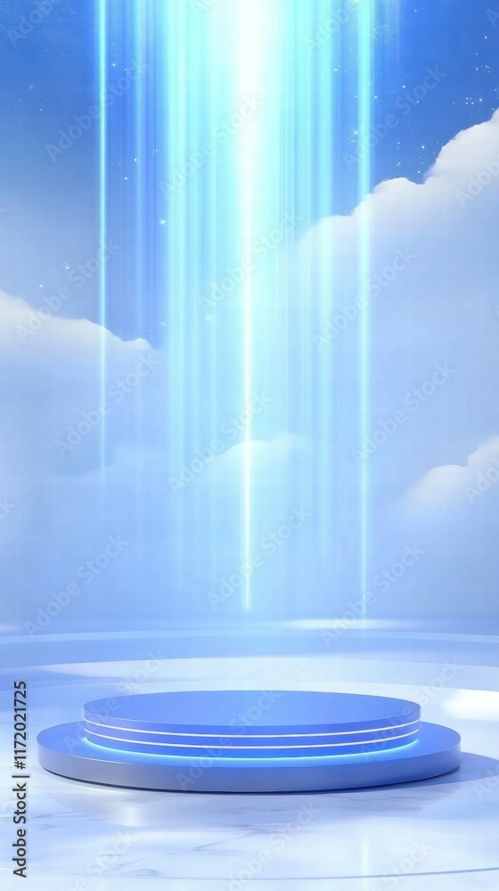 Poster a serene stage with a bright beam of light and soft clouds, suggesting a mystical atmosphere.