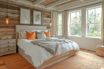Coastal Farmhouse Bedroom With Wooden Walls And Natural Light
