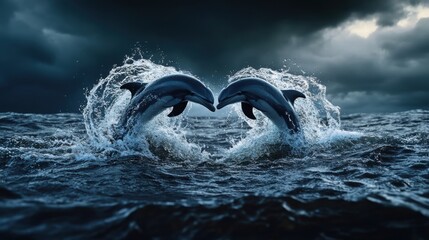 Fototapeta premium A pair of dolphins jumping out of the water, forming a heart shape