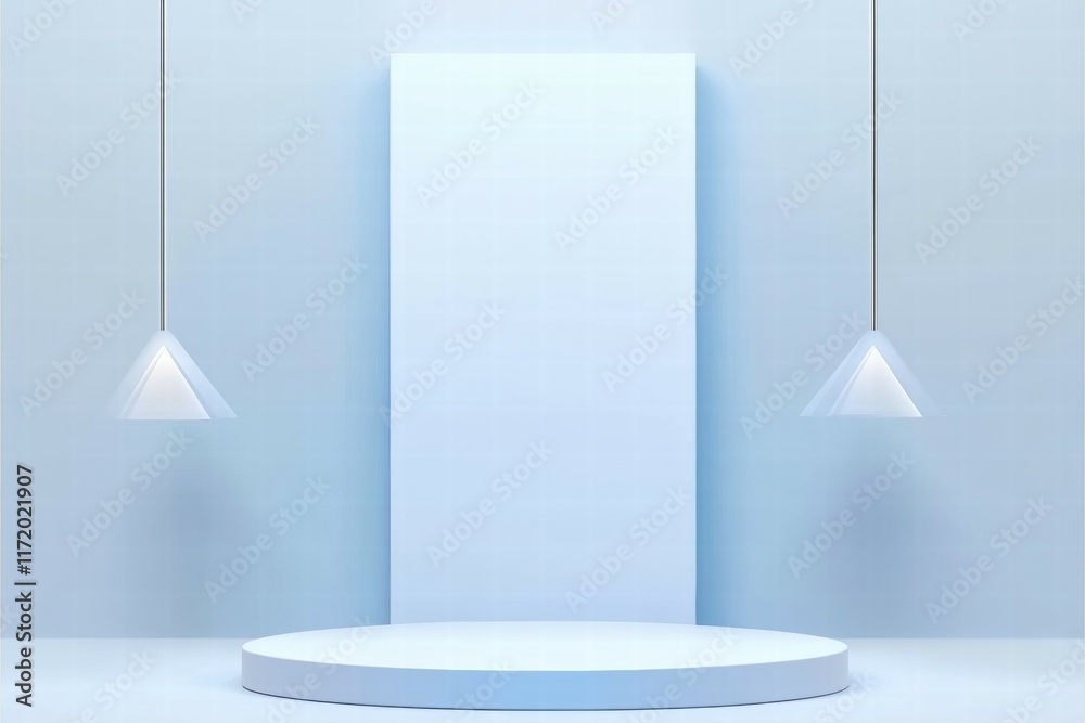 Poster a minimalist display stage with a light blue backdrop and hanging geometric lights.