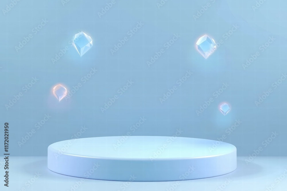 Poster A minimalistic platform with floating geometric shapes, ideal for presentations or displays.