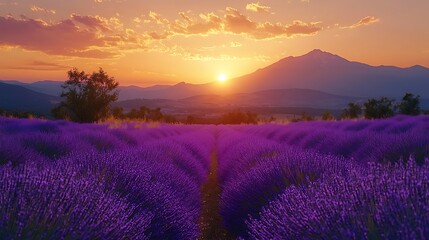 Vibrant sunset over a vast lavender field, mountains in the background.