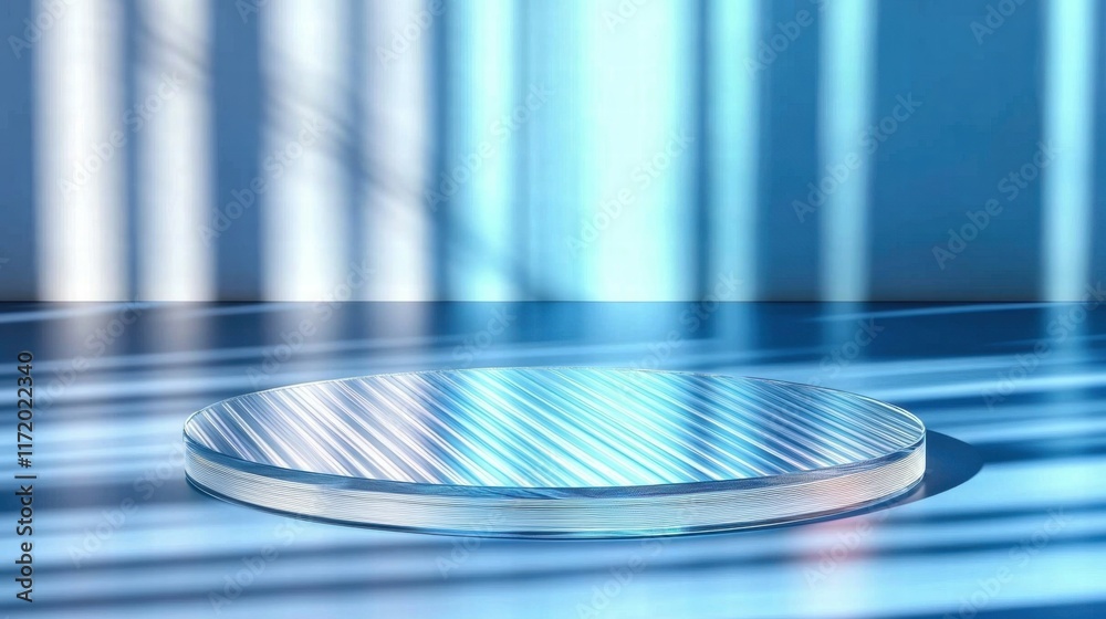Poster a circular platform with stripes, illuminated by blue light and shadows.