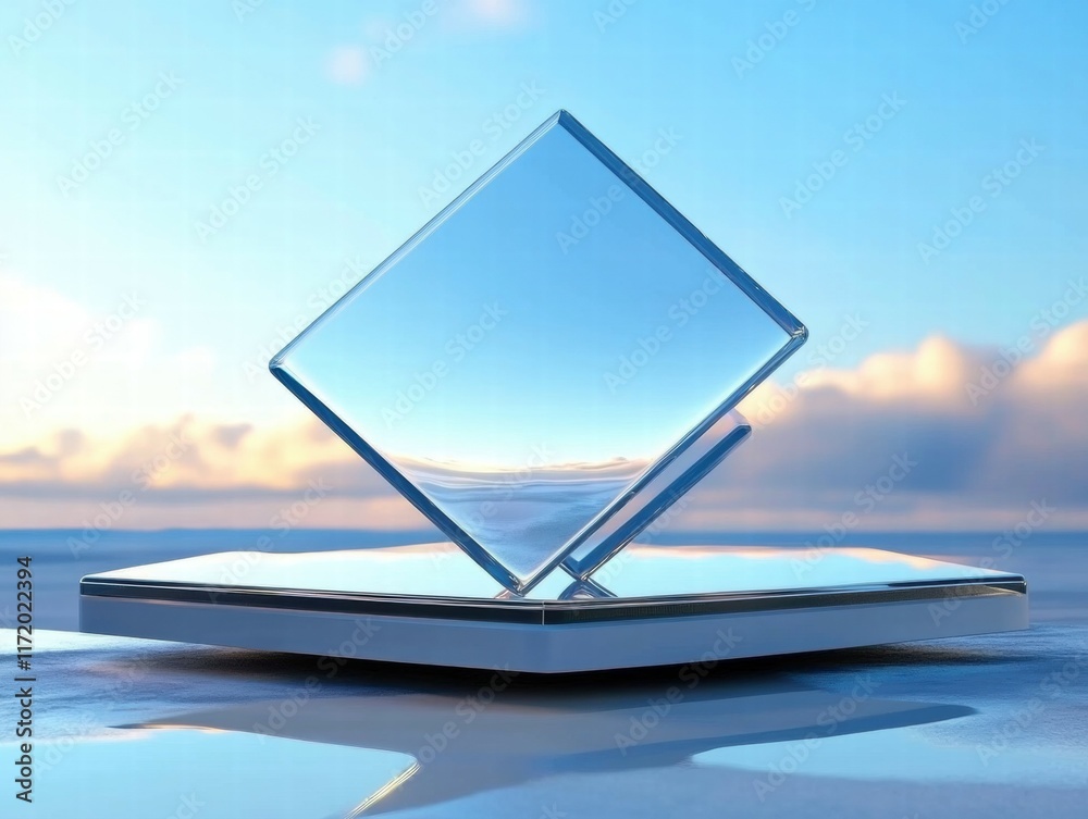 Poster a reflective geometric shape on a surface against a serene sky.