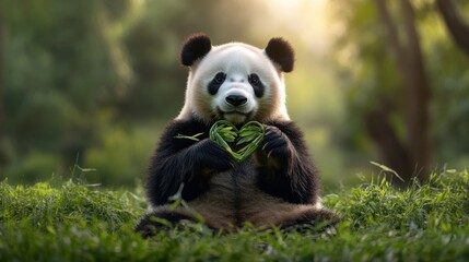 Fototapeta premium A panda sitting in a field with a heart-shaped bamboo arrangement
