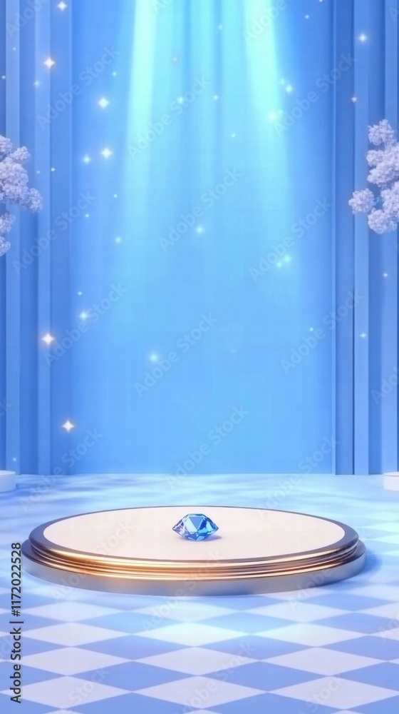 Poster a serene blue stage with a glowing gem, illuminated by soft light and surrounded by clouds.