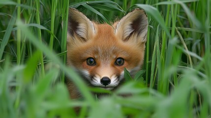 Fototapeta premium A curious fox kit peeks from tall grass, its bright eyes and orange fur a striking contrast to the green.