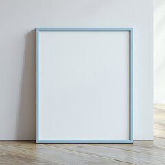 Pastel blue mockup poster frame on the wooden floor by the wall