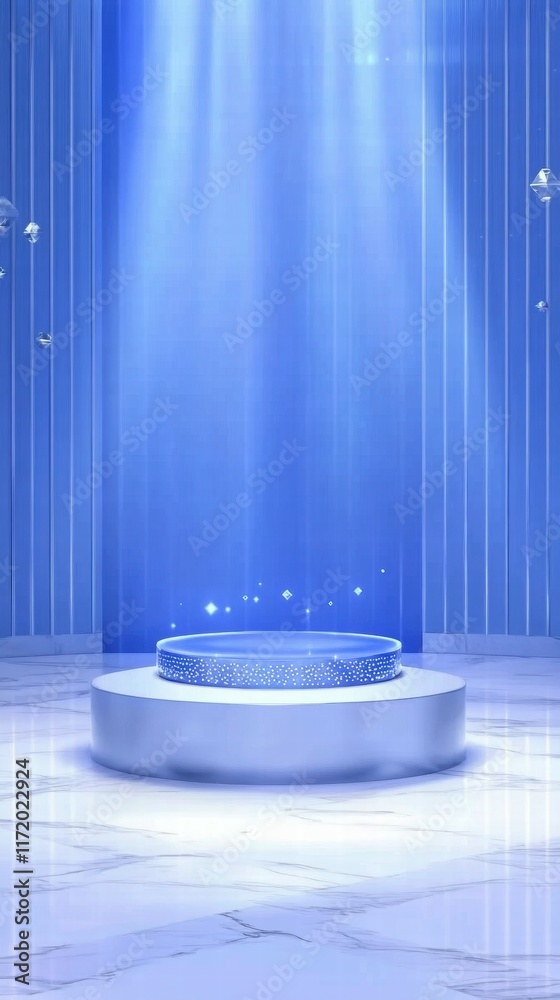 Poster A serene blue-lit platform with a circular base, illuminated by soft beams of light.