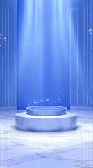 A serene blue-lit platform with a circular base, illuminated by soft beams of light.